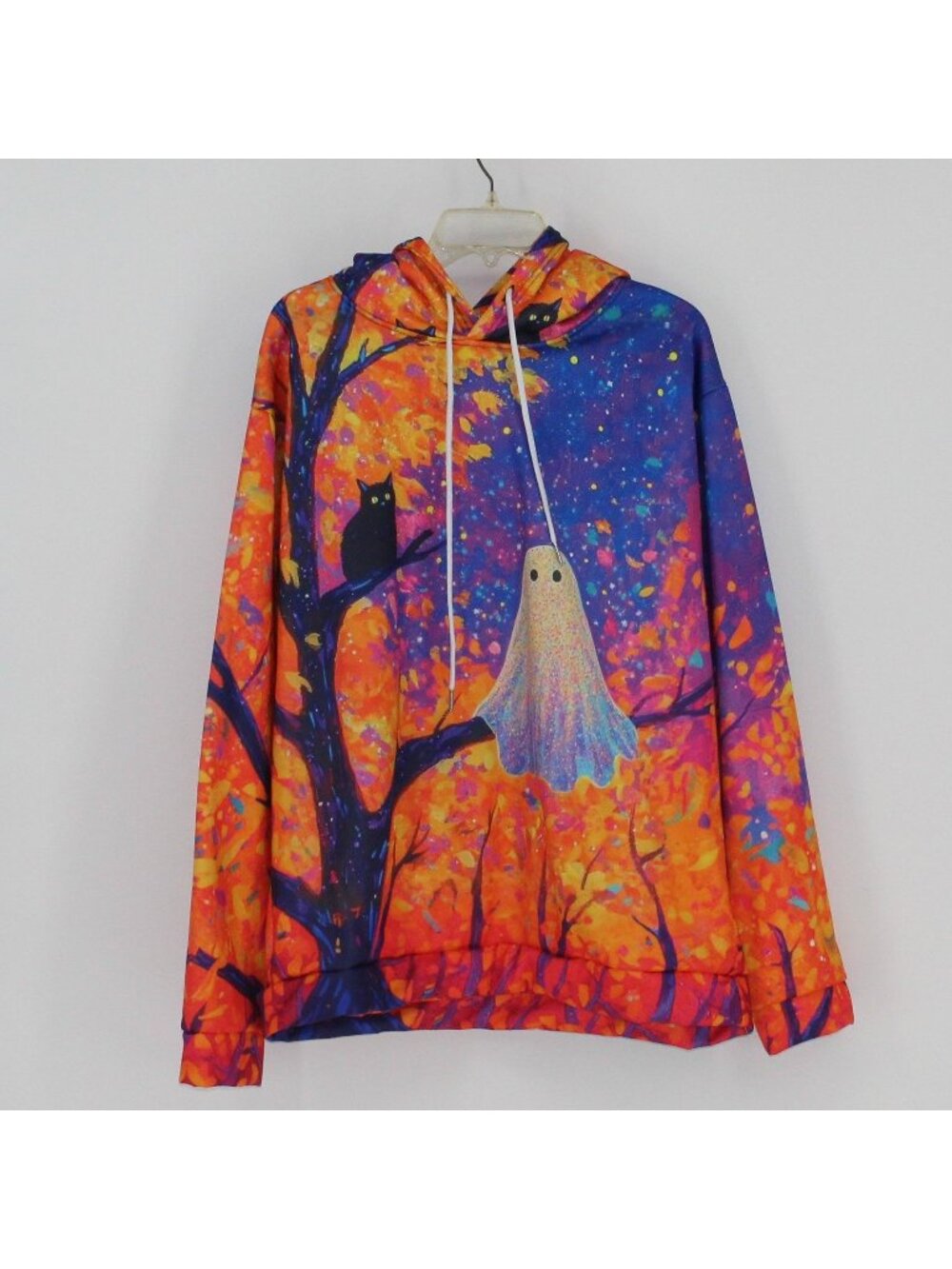 Halloween Ghost & Cat Hoodie Vibrant Autumn Colors XL Polyester Unisex